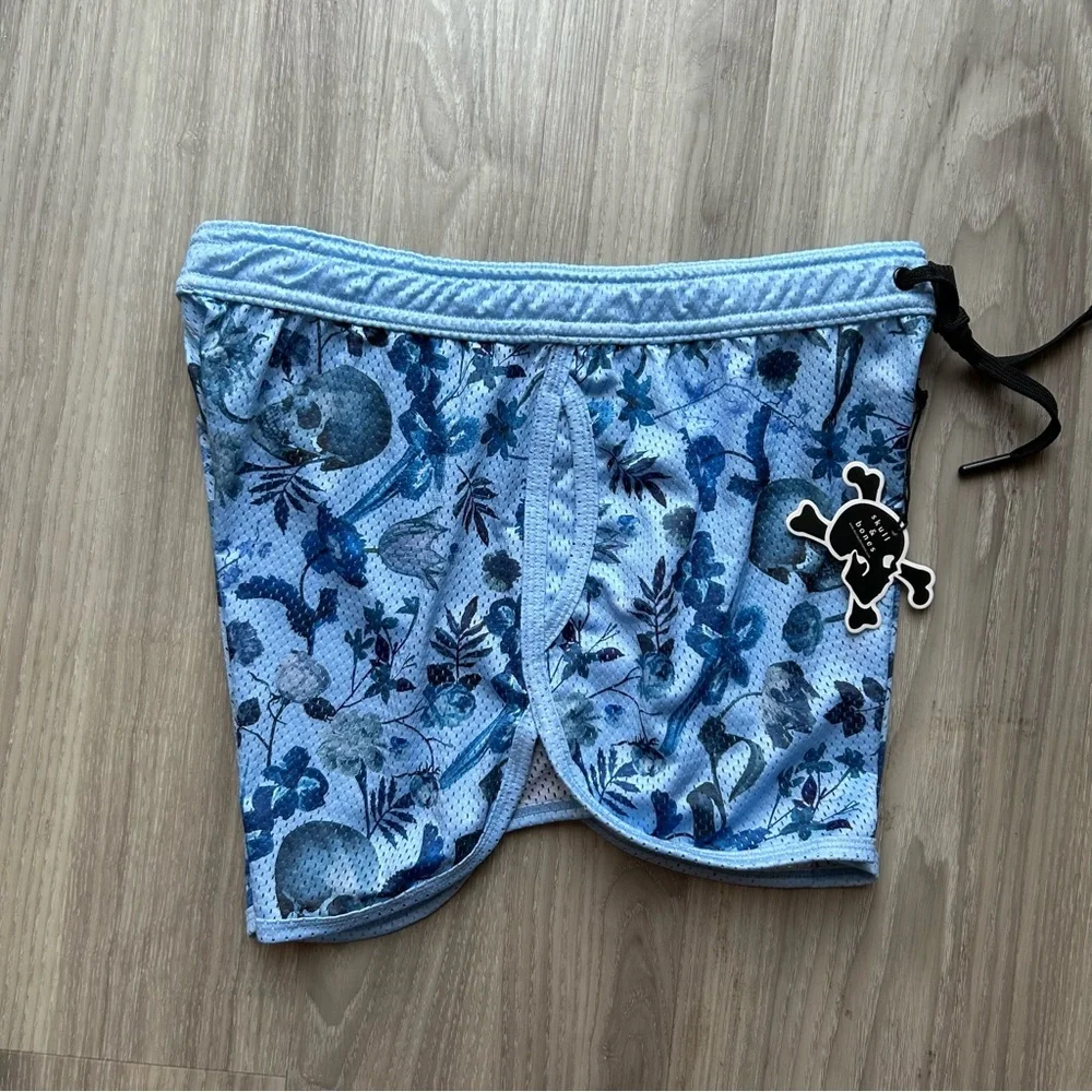 Skull & Bones | Hand Painted Dutch Floral Mesh Shorts in Sky Blue (Small)